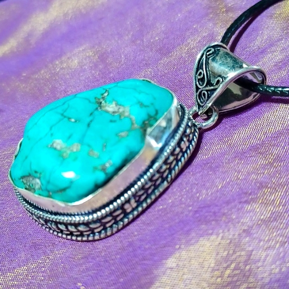 Turqoise silver pendant handmade vintage style ethnic native gemstone aqua - Picture 4 of 5